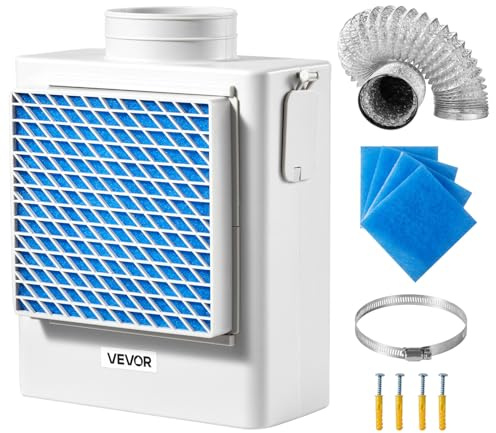 VEVOR HG-02 3-i-1 inomhus torkventilationssats premium ABS-material passar 99 mm port, smart överhettningspåminnelse avgashuva och enkel att ta bort nätlock och flerskiktsrening med 4 ersättningsdynor