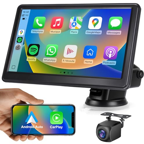 7 Pouces Écran Voiture avec Caméra de Recul, CarPlay sans Fil Android Auto | Portable Autoradio de Voiture avec Commande Vocale, Navigation GPS, FM, MirrorLink, Bluetooth Appels avec Mains Libres, AUX