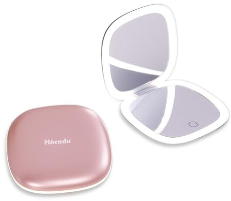 Mocado Taschenspiegel mit Licht, 1/10 Fach Vergrößerungsspiegel 10cm, Beidseitig Reisespiegel mit 3 Farbenverstellbare Leuchten, Wiederaufladbar & Touchscreen, Kleiner Spiegel(Roségold)