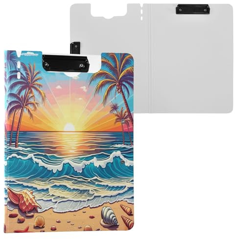 JUMBEAR Portapapeles de puesta de sol en la playa A4 con clips dobles, tablero plegable con tapa, organizador personal ligero adecuado para hospitales, oficina, escuela, negocios, suministros de aula