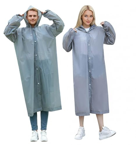 Adult Reusable Rain Poncho with Drawstring Hood – Lightweight Waterproof Poncho for Men and Women, Perfect for Camping, Hiking, Travel & Festivals (Grey Unisex)
