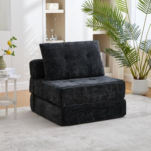 HAINEW Schlafsofa Schlafsessel mit Schlaffunktion, Faltbares Relaxsessel 3-in-1 Sofa Bett mit Kissen und Rückenstütze, für Wohnzimmer Schlafzimmer, 79×79×57cm, Chenille-Stoff (Schwarz)