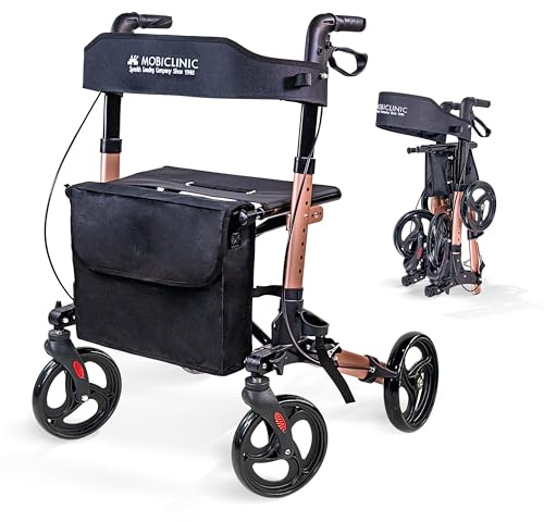 Mobiclinic®, Andador Plegable, Asiento y Respaldo, Hasta 136 kg, Oro Rosado, Altura regulable, Cesta Portaobjetos, Soporte para Bastón, Frenos y Bloqueo de Seguridad, Aluminio, Trajano