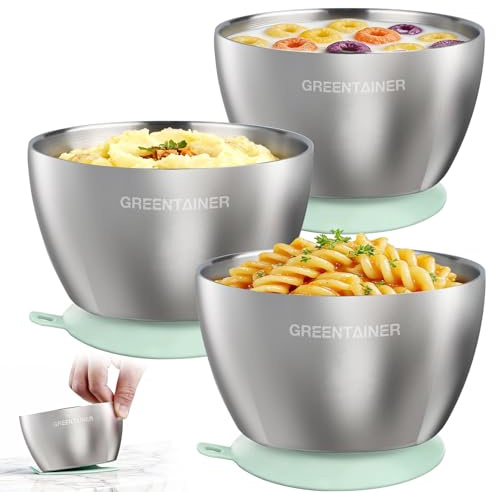 Greentainer 3er Set Edelstahl Baby Schüsseln mit Saugnapf – Breischale für Babybrei & Porridge, Rutschfeste Babyschüsseln mit Silikonhülle, Unzerbrechlich & BPA-frei, Kinderschüssel ab 6 Monaten,Grün
