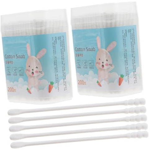 HAMPPLIES Lot de 400 Cotons-tiges Bébé en Coton et Papier Têtes Rondes Spirales, Bâtonnets de Nettoyage pour Oreilles et Nez, Doux et Réutilisables, 2 Boîtes