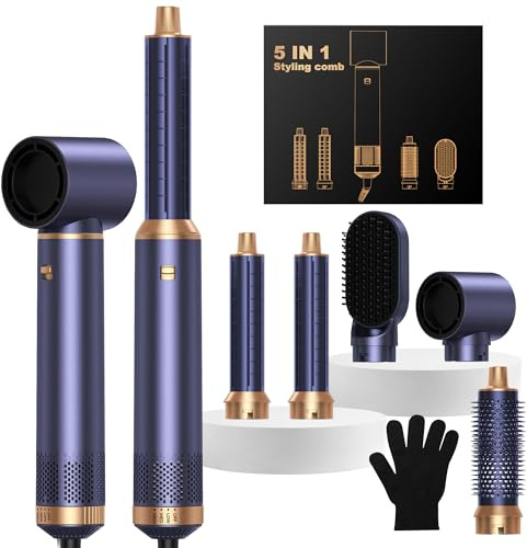 Air Brush 5 en 1 Hair Styler, Airbrush 5 en 1 avec Seche Cheveux, Brosse Soufflante, Fer a Boucler, Thermal Brush, Brosse Lissante Seche Cheveux 5 en 1 pour Sécher, Boucler, Lisser