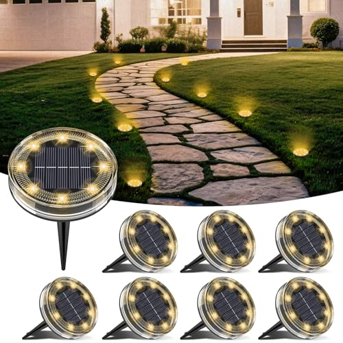 LOTMOS 8 Stück Solar Bodenleuchten Aussen, 8 LED Solarlampen für Außen | IP68 Wasserdicht Solarleuchten Outdoor, Wetterfeste Gartenbeleuchtung Solar für Garten Rasen Gehweg Patio Auffahrt, Warmweiß