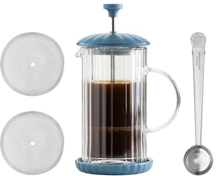 Price & Kensington Luxe French Press Bluebell Cafetiere 350 ml (up to 1-1.5 small cups) Double Wall Glass Coffee Maker with Stainless Steel Plunger Filter, Ceramic Coaster