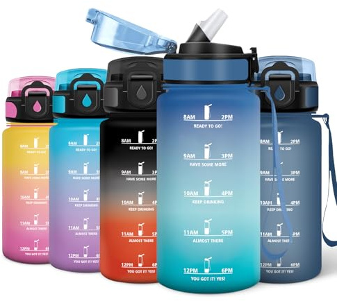 Motswedi Botella de Agua, 500 ml Con Marcador de Tiempo, Pajita Reutilizable Cantimplora, Plastico Botella Deporte, Motivación Para El Gimnasio, Trabajo, Colegio, Oficina, Azul & Verde