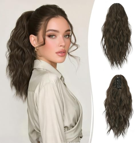 RUWISS Pferdeschwanz Haarteil mit Klammer, 35 cm Gewellter Pferdeschwanz Lockig Ponytail Extension Klammer für Damen (Dunkelbraun)