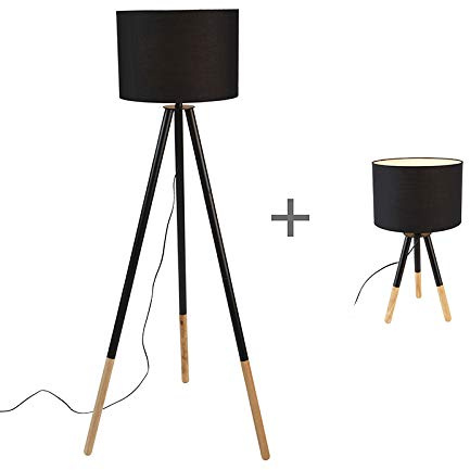 Qazqa - Set of Floor Lamp and Table Lamp I Table Light Tripods with Black Shade - Pip- - Modern - Suitable for LED E27 | 1 Light - Wood Table lamp - Suitable for Living Room I Bedroom I