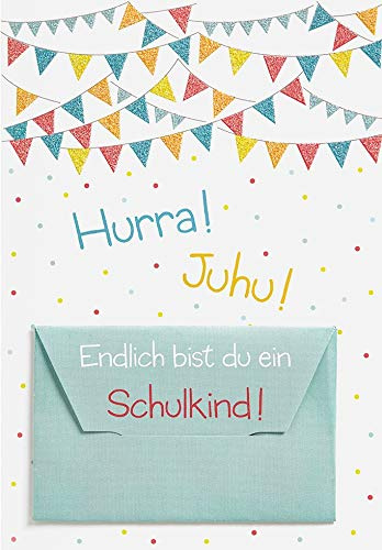 Perleberg - schöne Karte zum Schulanfang mit Juhu Schrift - hochwertige Karten zur Einschulung - Einschulung Karten mit Umschlag - Glückwunschkarte mit Geldgeschenk 11,6 x 16,6 cm