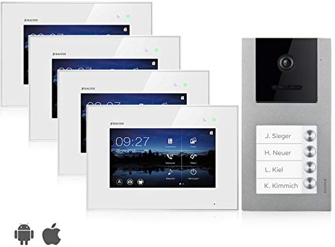 Balter EVO Video Türsprechanlage, Touchscreen, 4X 7 Zoll Monitor, Smartphone App, 2-Draht Bus, Aufputz Türstation für Mehrfamilienhaus, RFID Funktion (4 Familienhaus, Mit App)