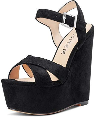 Castamere Women's Platform High Heels Wedge Sandal Open Toe Fashion Slingback Ankle-Strap Court Shoes Black Suede Shoes UK 11