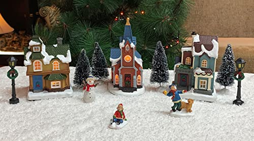 MOMENTS IN TIME Christmas Village Set 12-Piece with LED Lights Miniature Christmas Houses Lighted Holiday Décor for Tabletop Mantel Village Display Gift-Ready Packaging