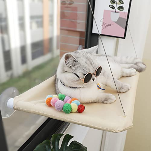 Durable Heavy Duty Suction Cups Cat Hammock Perch - Sunny Window Seat for Indoor Cats - Holds Up to 30lbs (Khaki)