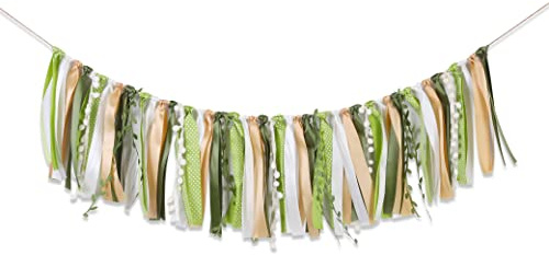Greenery Ivory Gold Ribbon Garland - Fabric Tassel Banner for Gender Neutral Baby Shower, Woodland First Birthday Decorations, Wedding Backdrop, Bridal Shower Decorations, Photo Booth Backdrop