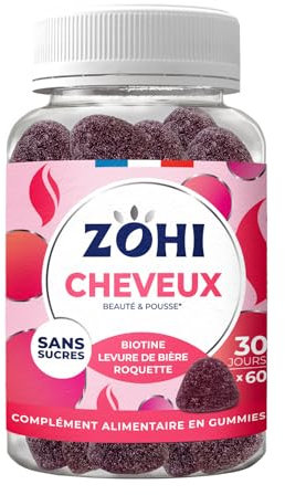 Complément Alimentaire Cheveux -Gummies Cheveux favorisant la pousse et la beauté des cheveux- Sélénium-60 gommes de fruits goût Cerise Sans Sucres-Vegan- ZOHI- Fabriqué en France