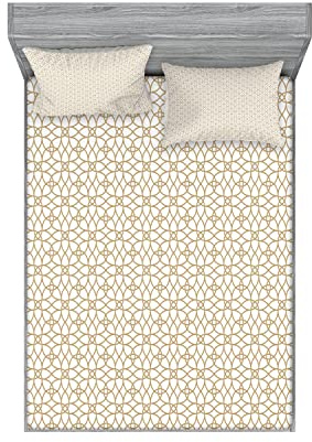Ambesonne Geometric 2 Pack Fitted Sheet & Pillow Sham Set, Trellis Fence Form, 4 Pcs Bedding Decor, Package Contains 2 King Size Fitted Sheets & 4 Pillow Covers, Pale Brown and White