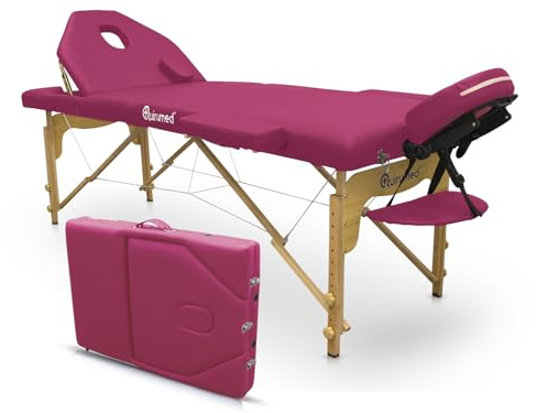 QUIRUMED Elite Klapp-Massageliege aus Holz, Rosa, 194 x 70 cm, Kunstleder, tragbar, klappbare Rückenlehne, Abnehmbarer Kopf, Gesichtsloch, höhenverstellbar, bis zu 150 kg
