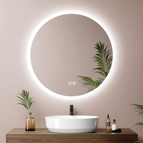 EMKE Badspiegel mit Beleuchtung Rund 70cm, 3 Lichtfarben, Antibeschlag | Badezimmerspiegel mit Touchschalter, dimmbar, Speicherfunktion, Runder badezimmerspiegel mit Beleuchtung