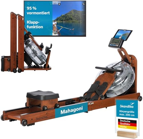Skandika Wasserrudergerät Nytta | 45° Tank, Holz Rudergerät für Zuhause, klappbar, Kinomap App kompatibel, Edelholz Mahagoni | Holzrudergerät mit Wasserwiderstand