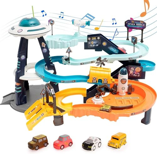 Sobebear 33CM Space Base Orbit Parking Garage Playset – 4-Level Kids Electric Parking Lot Ramp with Rocket, Gas Station and 4 Mini Cars, Large Mars Toy Car Garage Track Set for Boys & Girls Ages 3+