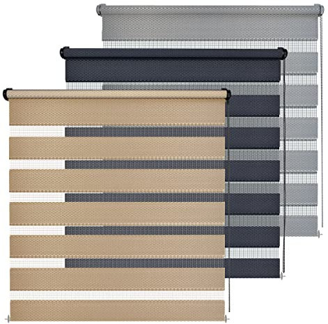 Rikmani Doppelrollo Fensterrollo Ron Duo-Rollo Klemmfixierung Zebrarollo Seitenzugrollo ohne Bohren, lichtdurchlässig und verdunkelnd 100x150 cm, grau