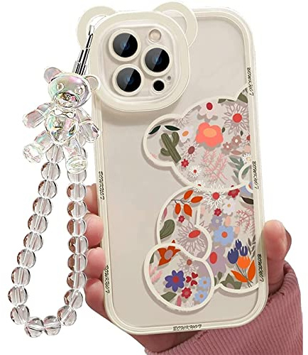 Jusy Compatible with iPhone 14 Pro Case, Cute Flowers Floral Bear Mobile Phone Cases Cover with Beautiful Wrist Strap Bracelet Chain for Girls Women, Clear Kawaii Camera Protection, Pretty Trendy