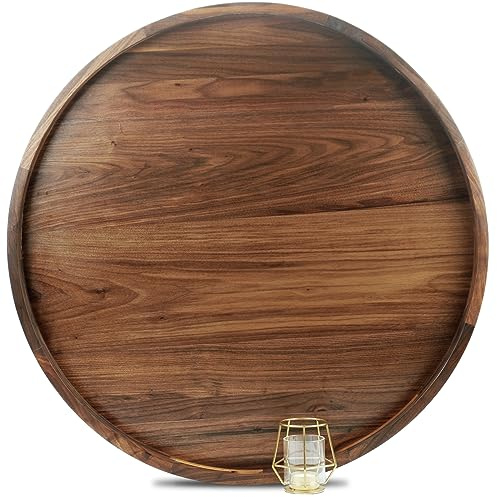 MAGIGO Plateau ottoman rond extra large de 71,1 cm en bois de noyer noir avec poignées, pour servir du thé, du café, plateau de service décoratif classique en bois