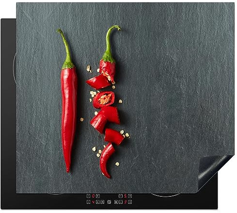 KitchenYeah© Herdabdeckplatte Einteilig Induktionsmatte Küche Abdeckung Ceranfeld Herd Abdeckplatte Deko Vinyl Matte Aufrollbar Pfeffer - Rot - Gewürz - Grau - Grün - 57x51 cm