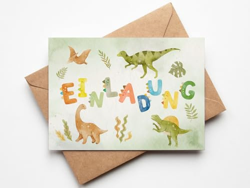 Paperlane by Essi Dino Einladungskarten -Dinosaurier Geburtstag - inkl. Umschläge 10 Stück (10er Set Einladungskarten, Dino)