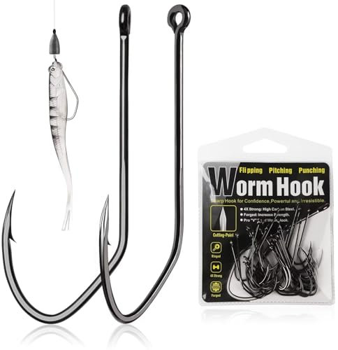 Dovesun Angelhaken Unkrautfreie Wurmhaken Texas-Rig Haken 30STK Professionelle V Wels Bass Angelhaken für Süßwasser Salzwasser 1/0