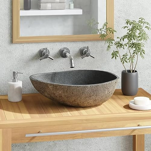 Homgoday Ovanför diskbänk, handfat sten hängande med öppen avloppsöppning antracit handfat badrum oval bänkskiva invändig yta välpolerad handfat badrum flodsten 37–46 cm