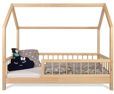 Alije Kinderbett Bett Hausbett mit Rausfallschutz 140x200cm Lena Lattenrost Bettgestell aus Kiefer Holz für Haus Kinder Jungen & Mädchen - Holzbett Baby Kinderzimmer Junge Deko