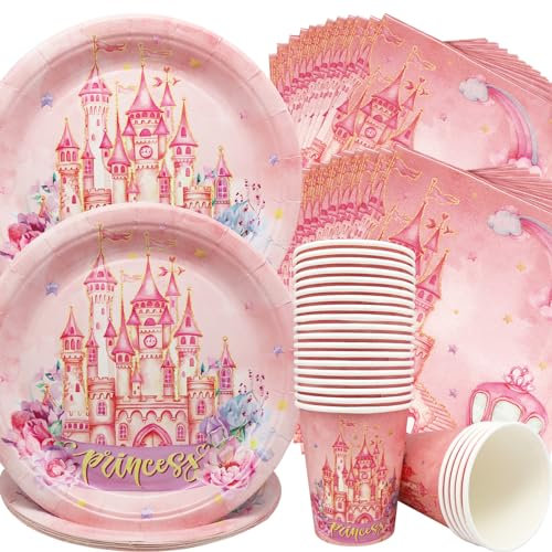 Prinzessin-Schloss-Geschirr,Doyomtoy Prinzessin Partygeschirr Pink Castle Girl Birthday Party Dekoration 62 Stück Pappteller Becher Servietten Tischtuch Geburtstag Party Dekorationen