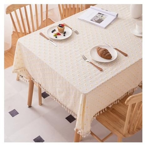 Epinki Tischwäsche, Beige Gelb Tischdecke Blumen Gestickt mit Quaste Baumwolle, Tischdecke für Biertisch Abwaschbar für Drinnen Draussen Garten Esszimmer Party und Festen, 140x220CM