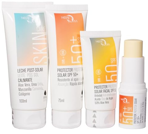 Protección Solar Pack para Viajar | Crema Solar 50+ 75ml, Protector Solar Facial 50ml, After Sun 100ml y Stick Zonas Sensibles 50+ 13g | Apto para Viajar en Avión | Marca Noche y Día | Regalo Neceser