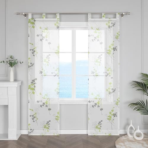 ESLIR Schiebegardinen Weiß Flächenvorhänge Set 2er Voile Schiebevorhang mit Schlaufen Wohnzimmer Schlaufenschals Gardinenschals Transparent mit Blumenmotiven Grün BxH 57x245cm 2 Stück