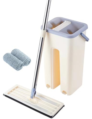 Mopa para Limpiar Azulejos y Paredes Mopa Fregona con Cubo Escurridor Mopa Fregona Mopa Suelo Mopa Cubo Escurridor 360 Dos Compartimentos Mop Bucket Set 2 Almohadillas Gamuzas Reutilizables (Beis)
