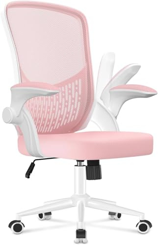 naspaluro Ergonomischer Bürostuhl, Schreibtischstuhl mit klappbaren Armlehnen, höhenverstellbar, Neigefunktion, atmungsaktive Rückenlehne, Drehstuhl 360°, weiß-rosa