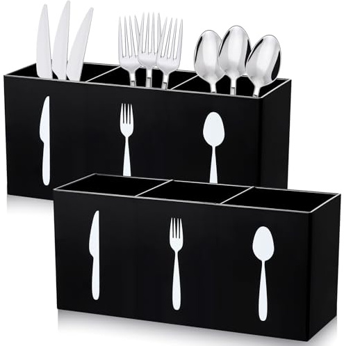 Suzile 2 Pcs Acrylic Cutlery Storage Organizer Silverware Pen Organizer Bin Cutlery Caddy Knife Spoon and Fork Utensil Holder 3 Section Tableware Storage Box for Drawer Cabinet Kitchen Party