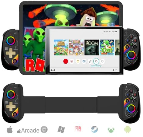 Megadream Mobiler Gaming Controller für iPad/Tablet (bis 10 Zoll) RGB Light Bluetooth Gamepad für iPhone/Android/PC/Switch, Hall-Effekt-Joysticks mit Linear Trigger, Turbo-Funktion - Sternenschwarz