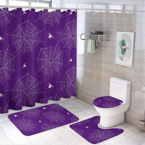 Set da bagno con tenda da doccia e tappeti, 4 pezzi, motivo ragnatela, viola, accessori decorativi per copriwater e tappetino a forma di U con 12 ganci