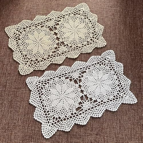 2 Stück Vintage Handgehäkelte Spitzendeckchen,Blume Tischdecke Tischläufer gehäkelte Untersetzer Rechteck Platzset Dekorative Tischsets Häkeldeckchen Abwaschbar für Küche Esszimmer,Beige + Weiße