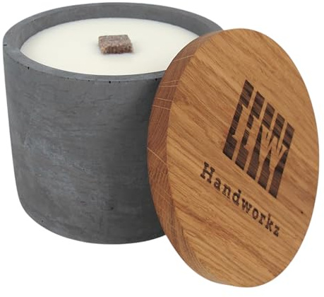 Handworkz | Fuego - Wachsfresser aus Beton Ø15cm mit Dauerdocht | windbeständige Flamme | inkl. Löschdeckel aus Eiche mit Edelstahlplatte | Made in Germany (Anthrazit | Deckel aus Eiche)