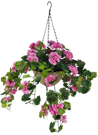 Geranio artificiale da appendere, fiori realistici da 61 cm, con cesto in plastica resistente, resistente allo sbiadimento, per veranda, patio, giardino, rami regolabili, facile da montare
