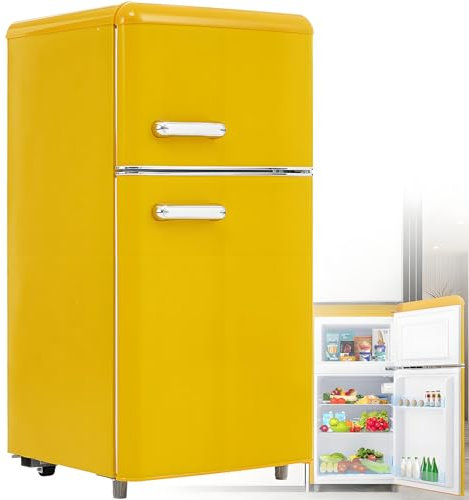 Retro kyl-fryskombination: Tvådörrars, 86,8 cm hög, 45,5 cm bred, litet kylskåp 60 liters totalvolym, tyst, 120 kWh/år,Yellow