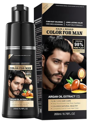 Shampoing noir instantané contre les cheveux gris - 200 ml - Shampooing colorant naturel végétal - Avec couverture grise - Shampoing de coloration semi-permanent pour homme