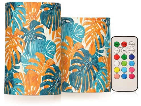 KLL Velas parpadeantes decorativas de Monstera Deliciosa con diseño de hojas de Monstera, color naranja y cian, luces electrónicas impermeables con control remoto para Navidad, boda, pequeñas pilas